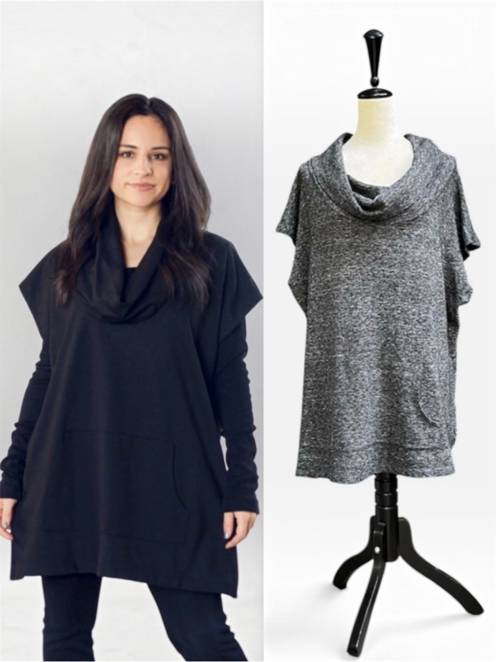 Bryn Walker Marled Cowl Neck Italian Wool Blend Knit Pocket Tunic in Gray Sz M